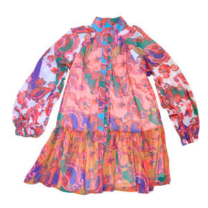 Colorful Pink Paisley Floral Print Long Sleeve Short Dress L’Atiste Small Mini